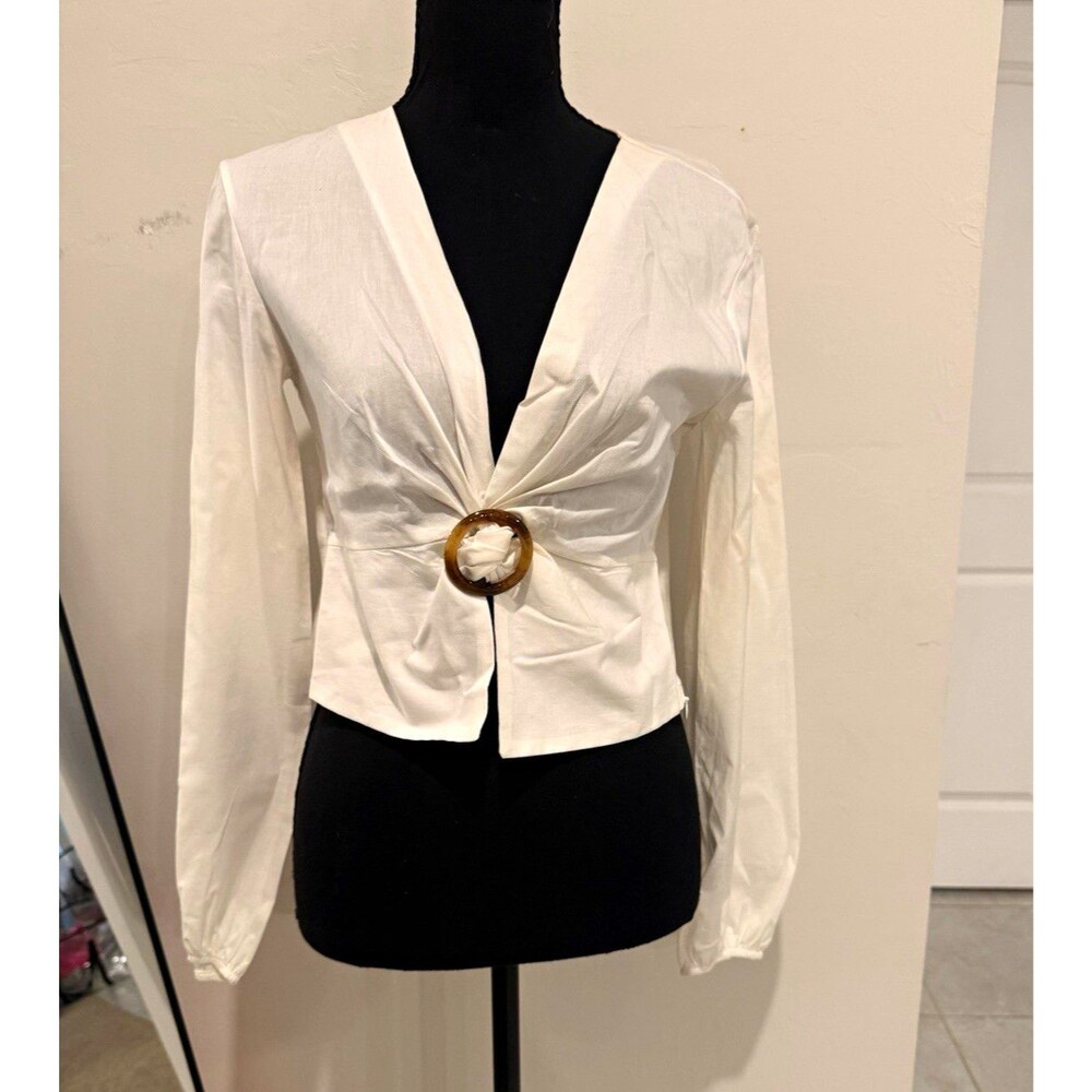 Stradivarius Womens M White Solid V-Neck Long Sleeve Buckle Front Blouse